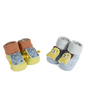 Kidofash Pack Of 2 Owl & Dog Face Detailed Socks - Brown & Grey