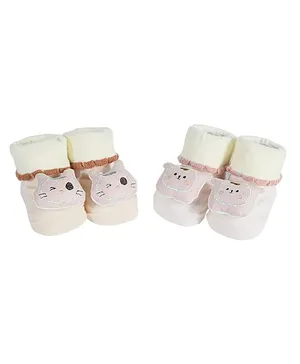 Kidofash Pack Of 2 Kitten & Puppy Face Detailed Socks - Peach & Brown