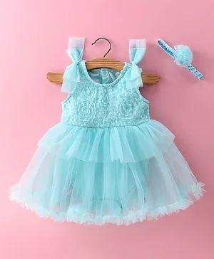 Mark & Mia Sleeveless Frock Style Onesie with Floral & Bow Detailing & Headband - Mint Blue