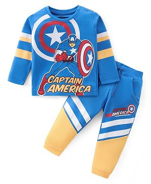 Babyhug 100% Cotton Single Jersey Knit Full Sleeves T-Shirt & Lounge Pant Captain America Print - Blue