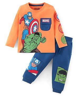 Babyhug Cotton Knit Full Sleeves T-Shirt & Lounge Pant Set Avengers Print - Peach & Blue