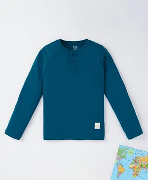 Ed-a-Mamma Cotton Full Sleeves Sustainable Solid Color Henley T-Shirt - Blue