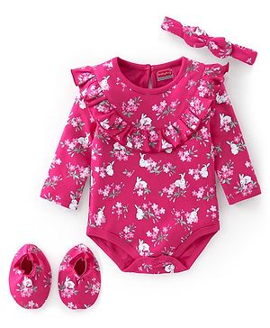 Babyhug 100% Cotton Full Sleeves Onesie with Hairband & Booties Bunny Print - Pink