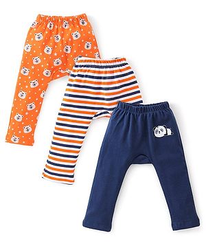 Babyhug Cotton Knit Full Length Diaper Pants Stripes & Bear Print Pack of 3 -Multicolour