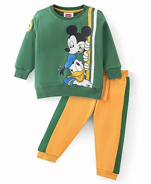 Babyhug 100% Cotton Knit Full Sleeves T-Shirt & Lounge Pant Set Mickey Mouse & Donald Duck Print - Green & Yellow
