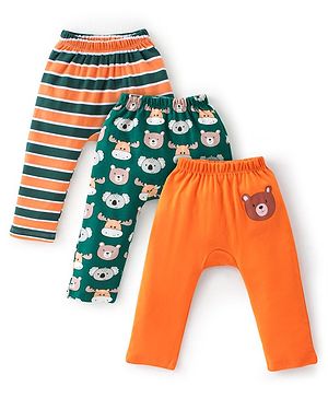 Babyhug Cotton Knit Full Length Striped & Koala Print Diaper Pants Pack of 3 - Orange & Green