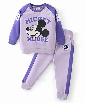 Babyhug 100% Cotton Terry Knit Full Sleeves T-Shirt & Lounge Pant Mickey Mouse Print - Purple