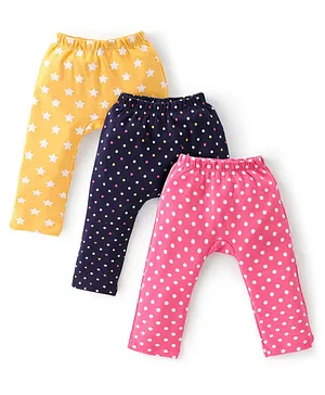 Babyhug Cotton Knit Full Length Stars & Polka Dots Printed Diaper Pants - Pink Navy & Yellow