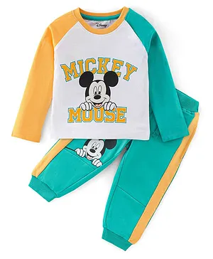 Babyhug Cotton Knit Full Sleeves T-Shirt & Lounge Pant Set Mickey Mouse Print - Multicolour
