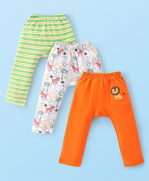 Babyhug Cotton Knit Full Length Striped & Lion Print Diaper Pants Pack of 3 - Orange White & Green