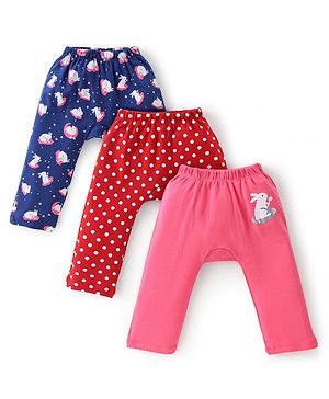 Babyhug Cotton Knit Full Length Bunny Print Diaper Pants Pack of 3 - Red Blue & Pink