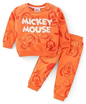 Babyhug 100% Cotton Terry Knit Full Sleeves T-Shirt & Lounge Pant Mickey Mouse Print - Orange