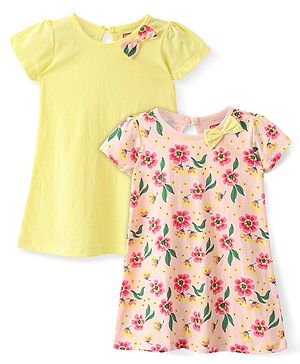 Babyhug Single Jersey Knit Half Sleeves Frock With Floral Print Pack Of 2 - Multicolor