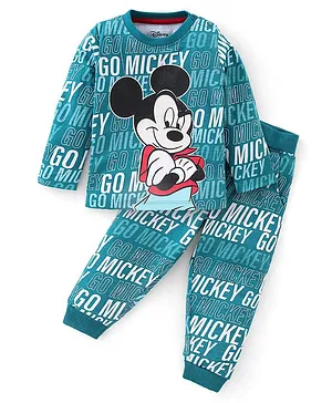 Babyhug 100% Cotton Knit Full Sleeves T-Shirt & Lounge Pant Mickey Mouse Print - Green