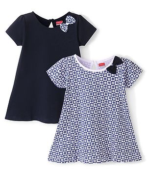 Babyhug 100% Cotton Knit Half Sleeves Frock Floral Print Pack of 2 - Navy Blue & White