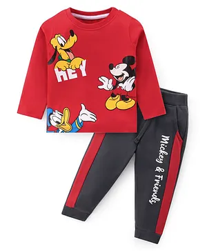 Babyhug 100% Cotton Single Jersey Knit Full Sleeves T-Shirt & Lounge Pant Mickey Mouse Print - Red & Grey