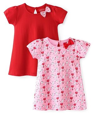 Babyhug 100% Cotton Single Jersey Knit Half Sleeves Frocks With Bunny Print Pack Of 2 - Multicolor