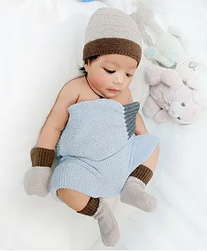 BHARATASYA 100% Cotton Knitted Cap Mittens & Socks Set - Cream