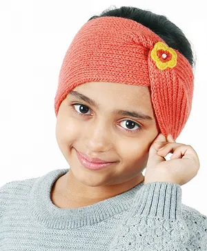 BHARATASYA Handknitted & Flower Detailed Woolen Ear Warmer Headband - Orange