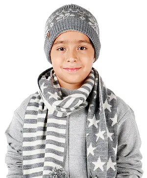 BHARATASYA Pack Of 2  Knitted Christmas Pattern Winter Cap And Muffler - Grey