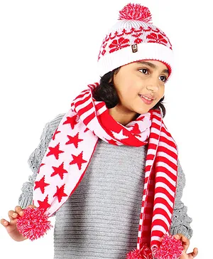 BHARATASYA Pack Of 2  Knitted Christmas Pattern Winter Cap And Muffler -  Red