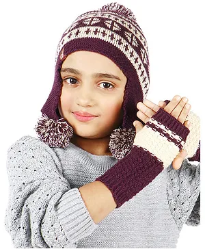 BHARATASYA  Pom Pom Detailed  Knitted Winter Sherpa Cap - Purple