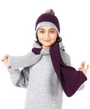 BHARATASYA  Set Of 2 Pom Pom Detailed Knitted Winter Cap & Muffler - Purple