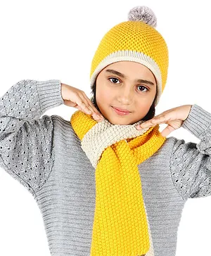 BHARATASYA Set Of 2 Pom Pom Detailed Knitted Winter Cap & Muffler - Yellow