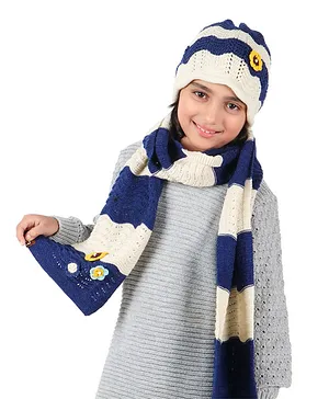 BHARATASYA Kids Set Of 2 Winter Cap & Flower Patched Detailed Muffler -  Blue