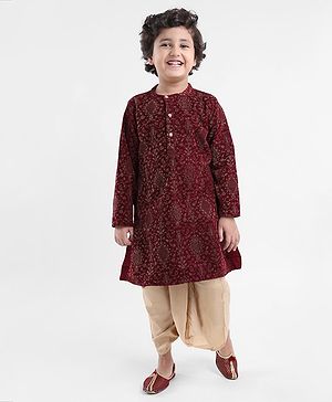 Babyhug Full Sleeves  Embroidered Kurta with Solid Dhoti Set - Maroon
