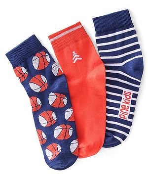 Pine Kids High Ankle Length Striped & Basketball Design Socks Pack of 3 - Multicolour
