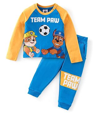 Babyhug 100% Cotton Raglan Sleeves T-Shirt & Lounge Pants With Paw Patrol Print - Yellow & Navy Blue