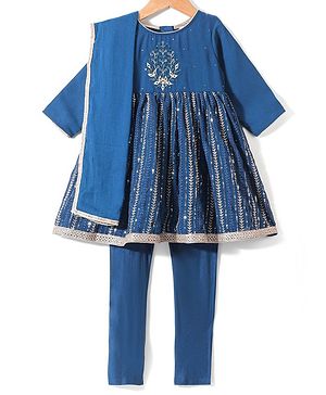 Babyhug Three Fourth Sleeves Sequenced Kurti with Salwar and Dupatta Set - Teal Blue