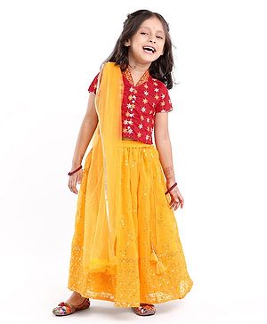 Babyhug Short Sleeve Embroidered Choli With Net Sequenced Embroiderd Lehenga With Dupatta Set- Yellow & Red.
