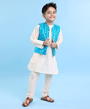 Babyhug Cotton Full Sleeves Kurta Pyjama Set with Printed  Jacket - White