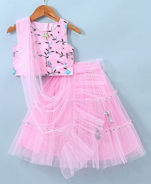 Babyhug Sleeveless Floral Embroided Choli with Shimmer Net Lehenga and Dupatta Set - Pink