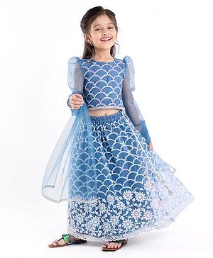 Babyhug Three Fourth Sleeve Sequined Embroidered Choli with Lehenga and Dupatta Set - Blue