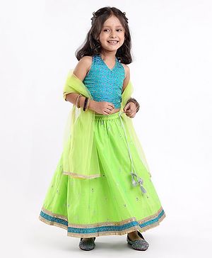 Babyhug Halter Neck Sleeveless Embroidered Choli with Chanderi Sequenced Embroidered Lehenga and Dupatta - Green