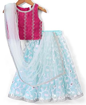 Babyhug Sleeveless Embroidered Choli with Embroidered Lehenga and Dupatta - Aqua Blue