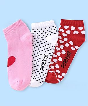 Pine Kids Low Ankle Length Socks Heart Design Pack of 3 - Red Pink & White