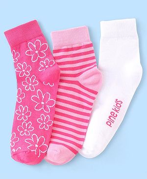 Pine Kids Cotton Spandex Knit High Ankle Socks Stripes & Floral Design Pack Of 3 - Pink & White