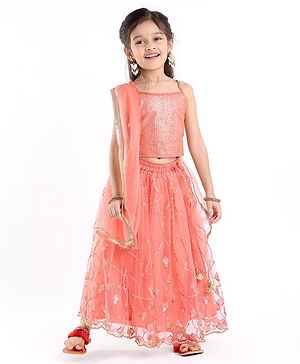 Babyhug Sleeveless Sequenced Choli With Net Sequenced Embroiderd Lehenga With Dupatta Set- Peach