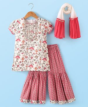 Babyhug Three Forth Sleeve Kurti Sharara And Dupatta With Print Floral Embroidery - Pink & White