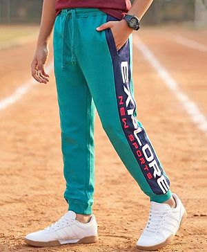 Pine Kids 100% Cotton Terry Knit Full Length Cut and Sew Stretchable Track Pants Text Print - Green