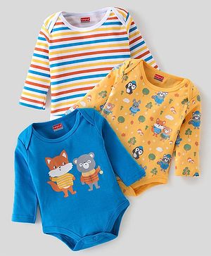 Babyhug 100% Cotton Knit Full Sleeves Striped & Fox Printed Onesies Pack of 3 - Yellow & Blue