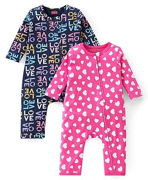 Babyhug 100% Cotton Knit Full Sleeves Text & Heart Printed Rompers Pack of 2 - Pink & Navy