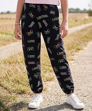 Pine Kids Knit Full Length Stretchable Track Pants Text Print - Jet Black