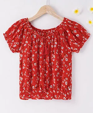 Ed-a-Mamma Sustainable Off Shoulder Top With Elasticated Hem Floral Print - Red