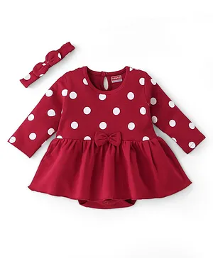 Babyhug 100% Cotton Knit Sleeves Full Sleeves Frock Style Onesie with Headband Polka Dot Print - Red