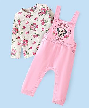 Babyhug 100% Cotton Knit Minnie Mouse Printed Dungaree with Full Sleeves Floral Printed Inner Tee - White & Pink